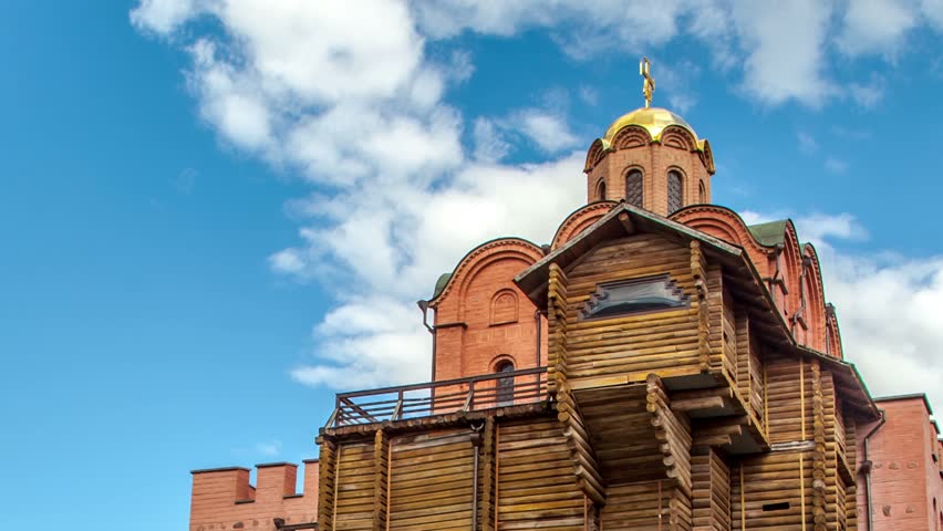 "Golden Gate" - monument of architecture in the historic district of Kiev, Ukraine.  Time lapse  video