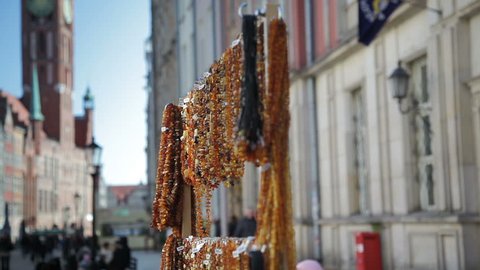 Amber jewelry merchant stand in the old town
