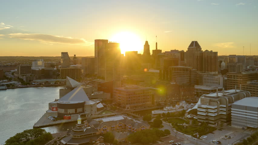 Baltimore, Maryland, USA downtown skyline time lapse at sunset.
