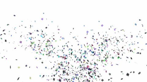 Multi-colored confetti exploding on a white background with copy space.