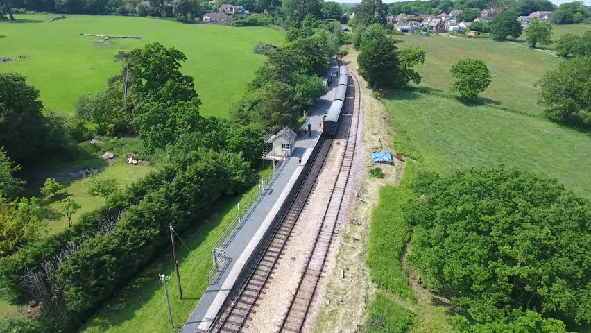 England Isle of Wight Aerial View Historic Steam Railway, from Wootton Sation to Smallbrook Sation trough Countryside Landscape including Tracks und locomotive 