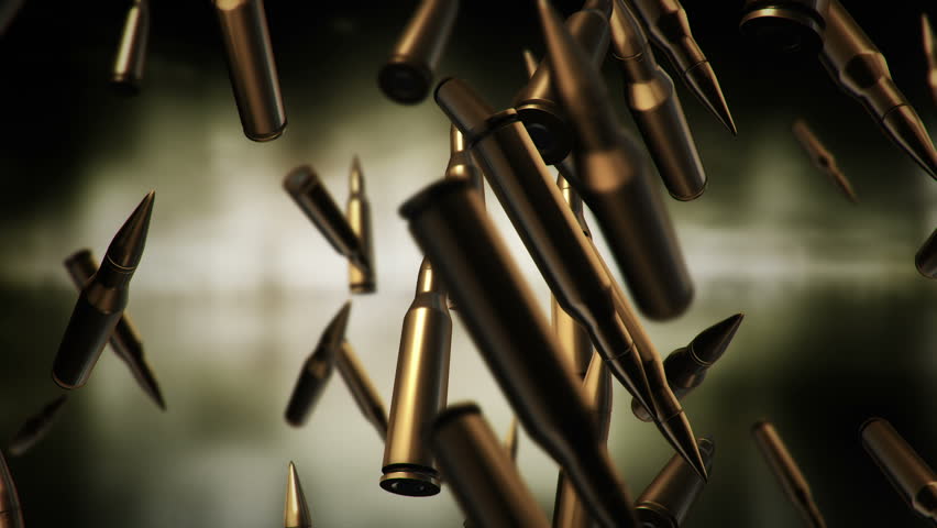 Animation falling of bullets different calibers on dark and blurred background. Animation of seamless loop.