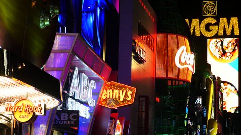 Zoom Out - Colorful Neon Advertising Lights at Night - Las Vegas - Circa June 2016