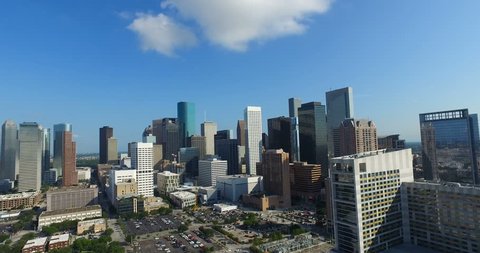 Aerial view of the East side of downtown Houston next to the Toyota Center.