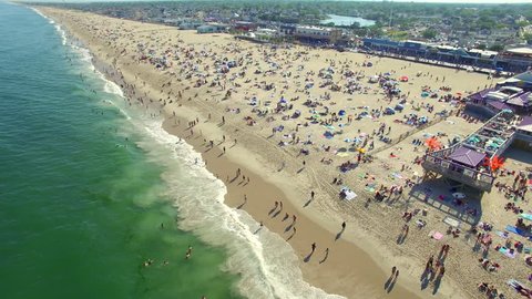 Aerial view of a crowded beach the the Jersey Shore