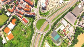 Aerial view of roundabout in Pilsen, Czech republic, Central Europe. Transportation and traffic in modern city.