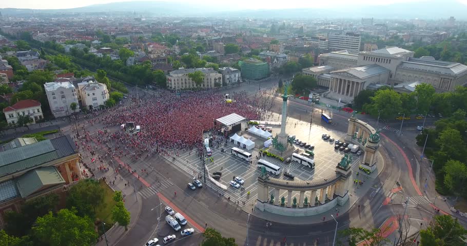 Aerial footage shows as cheering crowd welcomes the Hungarian national football team in Budapest, Hungary