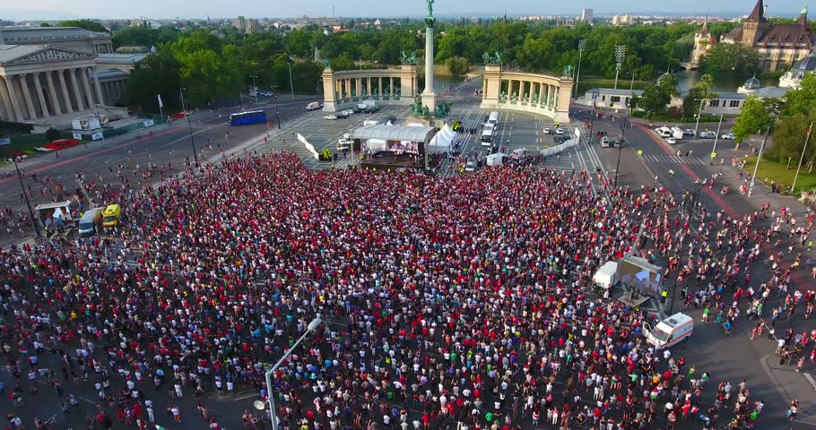 Aerial footage shows as cheering crowd welcomes the Hungarian national football team in Budapest, Hungary