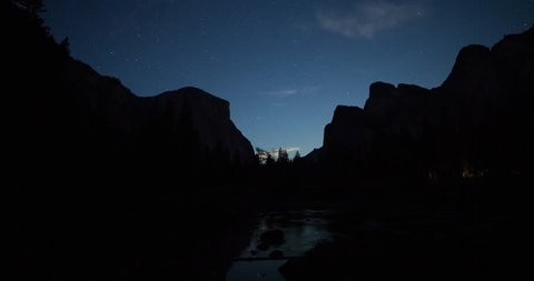 Yosemite National Park, California, USA - view of Yosemite valley with El Capitan from Northside Drive facing east at night with stars - Timelapse with motion and pan right to left - August 2013