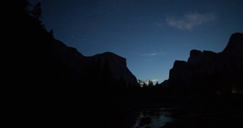 Yosemite National Park, California, USA - view of Yosemite valley with El Capitan from Northside Drive facing east at night with stars - Timelapse with motion and pan left to right - August 2013