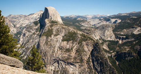 Yosemite National Park, California, USA - view of Yosemite valley with Half Dome from Glacier Point with blue clear sky and moving shadows - Timelapse with pan right to left - August 2013