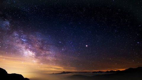 The outstanding beauty of the Milky Way and the starry sky captured at high altitude in summertime on the Italian Alps, Torino Province. Time Lapse 4k video.