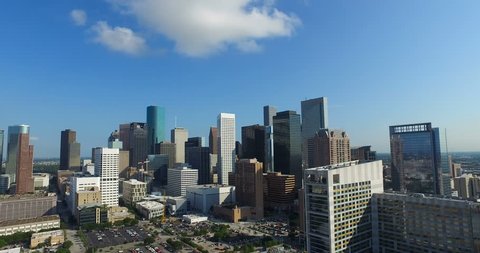 Aerial video of Houston skyline on the East side of downtown near Toyota Center.