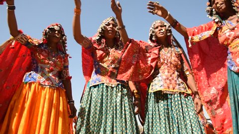YAVATMAL, MAHARASHTRA, INDIA - 24 JANUARY 2016 : group of lambadi women perform Lambadi folk Dance during their traditional festival celebrations, Lambadi or Banjara is nomadic tribes of India. 