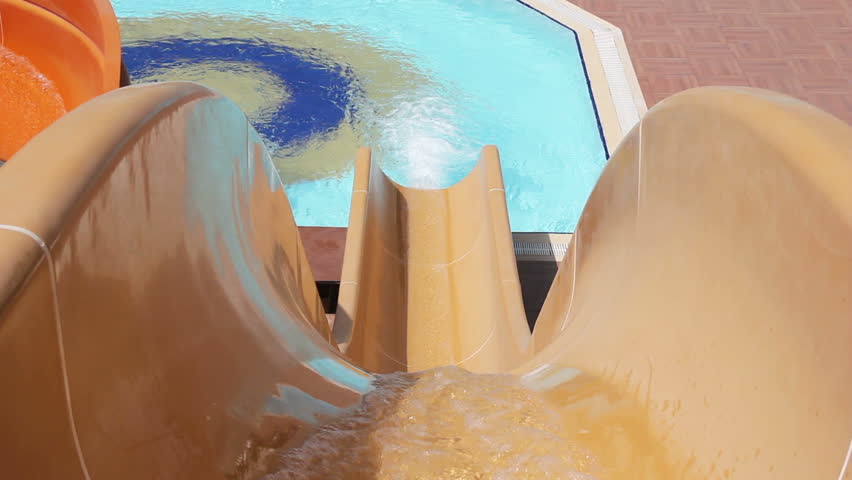 Young Woman, Girl Riding On Orange Water Slide To The Pool. Aquapark, Water Park, Holidays, Hotel, Happiness, Summer. HD, Size: 1080p (1920x1080), Sound: No 