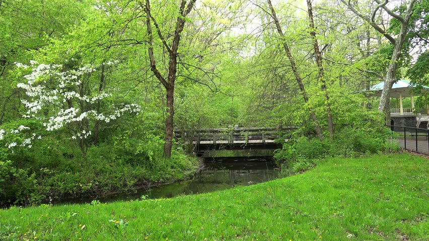 Types of Prospect Park. Bridge over a stream with ducks & Music Pagoda. Brooklyn, NYC.