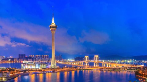 Macau Tower And Macau Bridge Day To Night Time Lapse Of Macau China