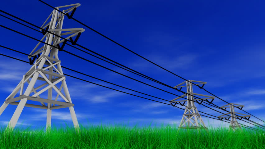 Power Lines, Grass and Sunny Sky