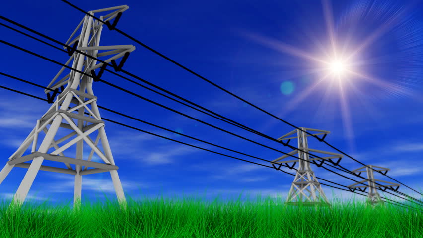 Power Lines, Grass and Sunny Sky