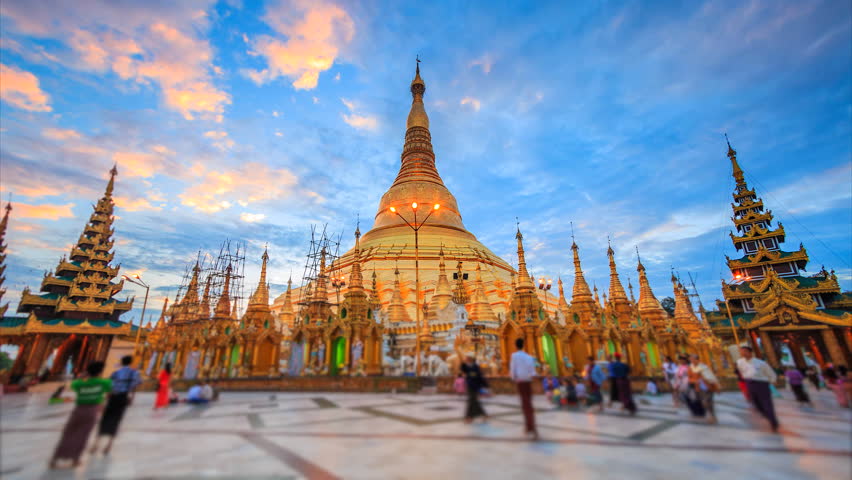 4K. Time lapse view Sunrise of Shwedagon Pagoda Yangon Landmark  of Myanmar 