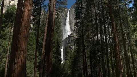 morning view of both sections of yosemite falls in yosemite national park