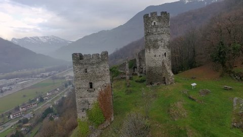 Albertville Castle Aerial zoom out, French Alps