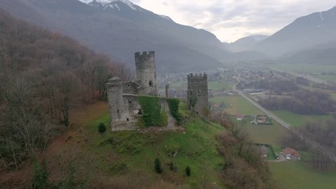 Albertville Castle Aerial pan around, French Alps