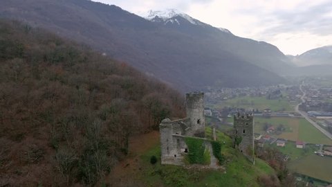 Albertville Castle Aerial zoom in, French Alps
