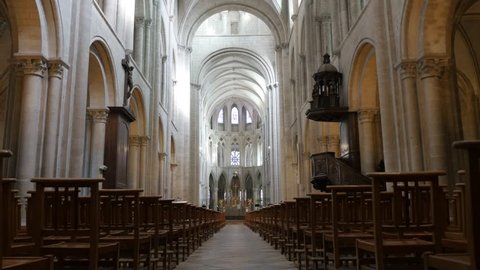 CAEN, FRANCE - MARCH  2016: Detailed interior of  William the Conqueror Abbey of Saint-Etienne or Abbaye aux Hommes slow tilting footage