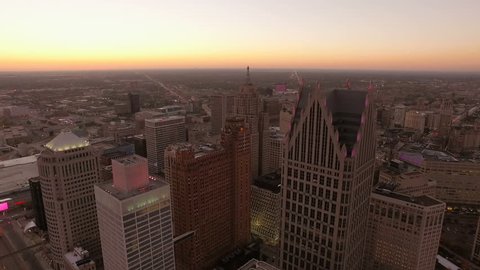 Detroit Aerial v120 Flying over downtown panning down to vertical shot at dusk. 10/15