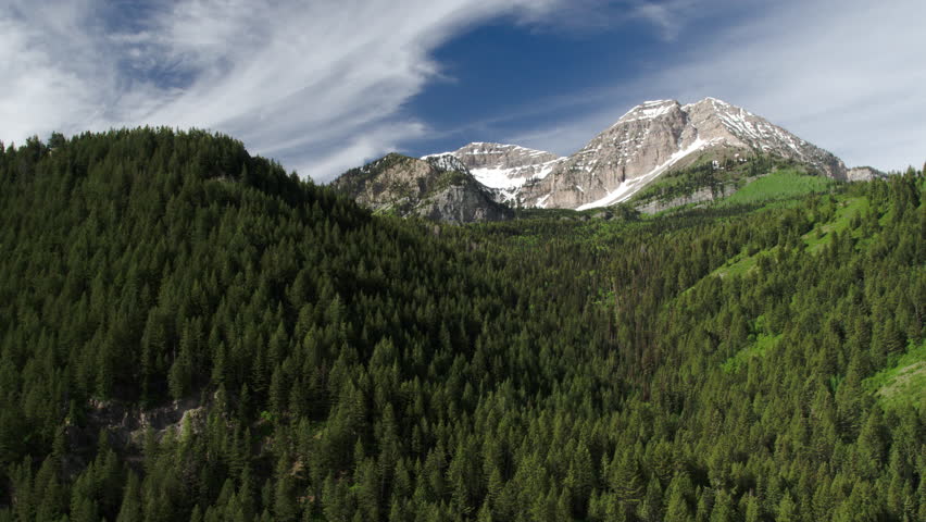 Aerial panning view of mountain behind forest of pine trees in Utah.