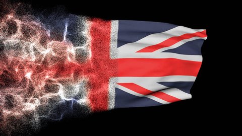 Brexit concept. United Kingdom waving flag disappears. Flag of UK waving and disappears dissolving. Alpha channel, transparency.