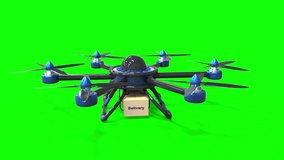 Blue drone delivers the goods. Hexacopter designed to carry. The future delivery of goods. The camera flies around the object in a circle, clockwise. Green background for video.