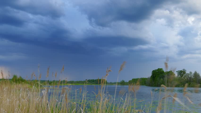 timelapse with storm clouds moving over lake, 4k