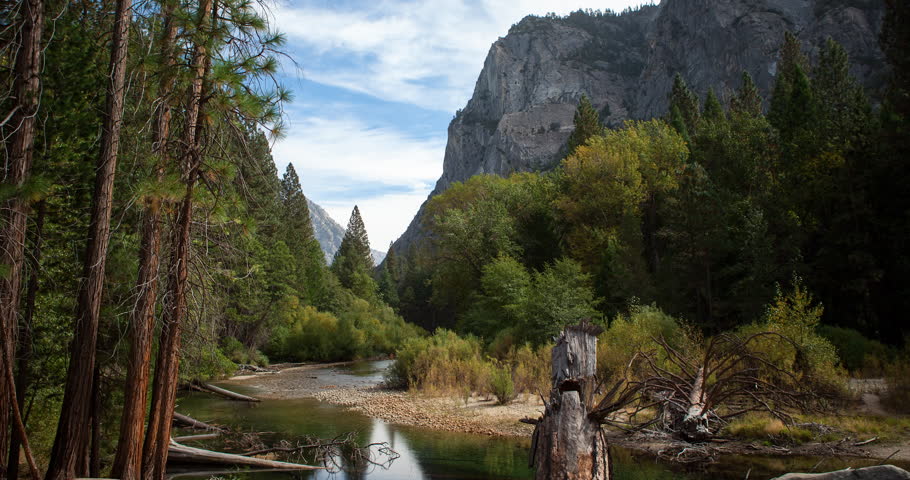 Kings Canyon National Park, California, USA - view of Kings River and forest at the Zumwalt Meadow Parking at the Kings Canyon Road - Timelapse with zoom in - October 2014