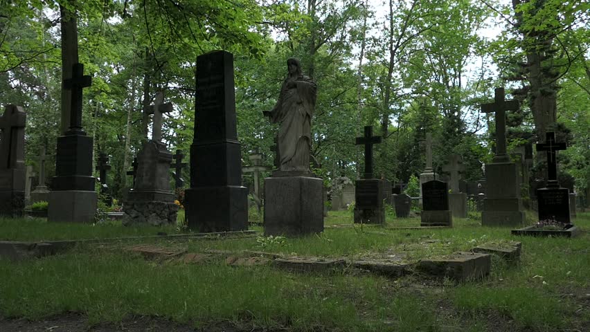 Old Cemetery Memorial Monuments and Park Trees, Russian Christian Orthodox Church At Summer Cloudy Day In Tegel, Berlin, Germany