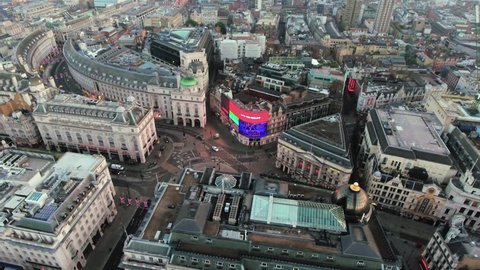 LONDON, UK - JULY 01, 2016: Aerial view of Piccadilly Circus on July 01, 2016 in London, England. Aerial Stock Footage Orbiting Piccadilly Circus Commercial Signs feat. Regent Street and Soho 4K