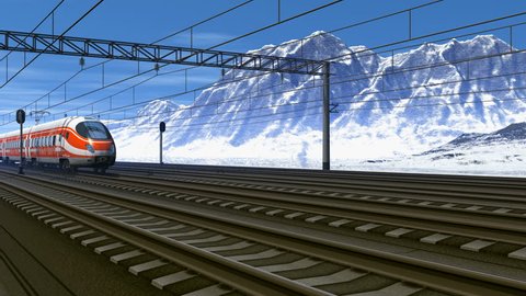 Wonderful scenery of high speed train passing railway station in high snowy mountains