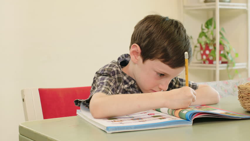 A child preparing for an Exam. Schoolboy study. Do homework. Boy was preparing for this Exam.