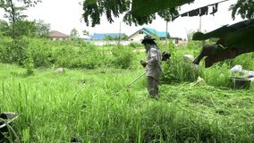 A farmer cuts grass at house