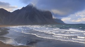 Colorful summer evening on the Stokksnes headland on the southeastern Icelandic coast. Iceland, Europe. Full HD video (High Definition).