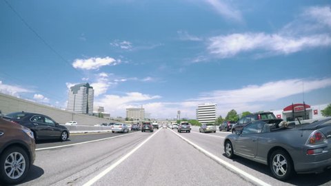 Denver, Colorado, USA-June 29, 2016. Car driving on interstate highway during the rush hour.-POV point of view.