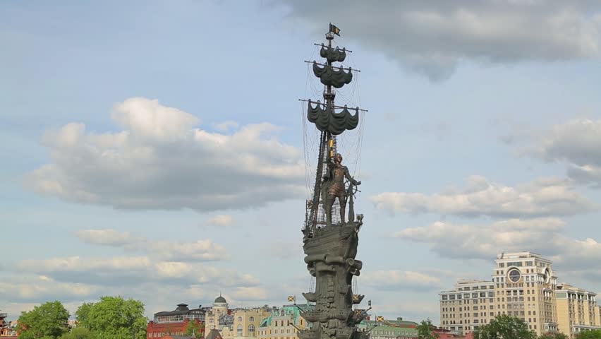 Moscow, Russia - June 25, 2016: Panning shot of the monument to Peter the great