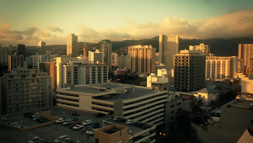 Waikiki, Hawaii City Skyline Sunset