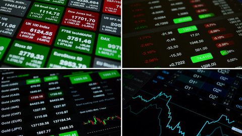 Collage set "Stock market", 4K stock footage. Set from 4 footage on the theme business, finance, stock market, forex. Set includes 4 footages with financial numbers, charts, stock market tickers 