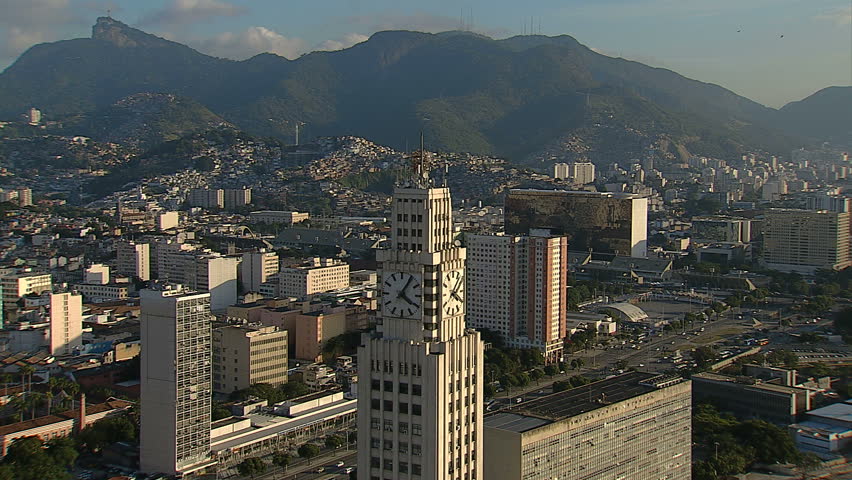 Train Station tower with clock and skyline of Rio De Janeiro, Brazil