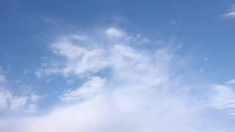 Summer sky time lapse, sun shining and moving clouds, airplane, White clouds disappear in the hot sun on blue sky. Time-lapse motion background, 1920x1080, Full HD. FHD.