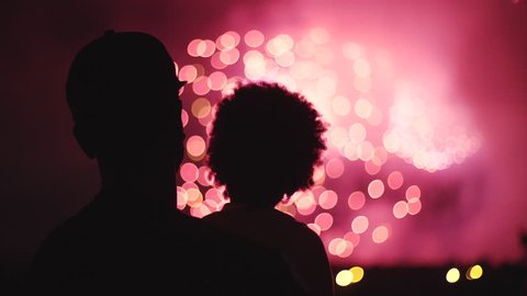 Unrecognizable family father and child watching fireworks Video de stock