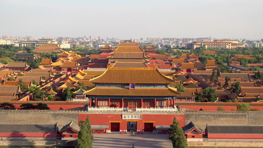 aerial view of beijing forbidden city at dusk