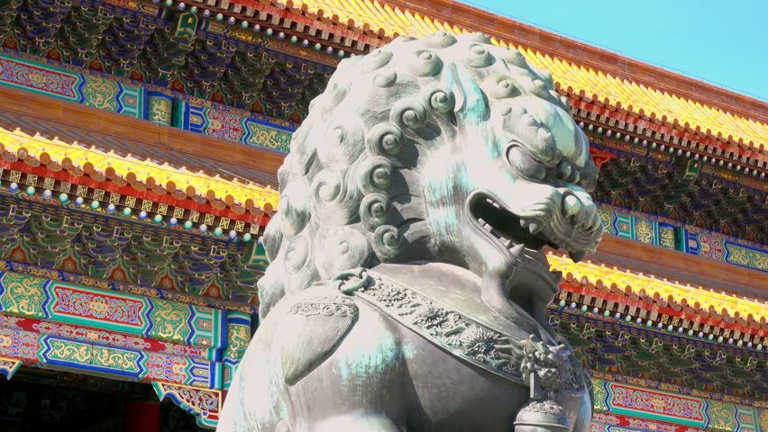 Bronze lion in front of the Hall of Supreme Harmony in Beijing Forbidden City